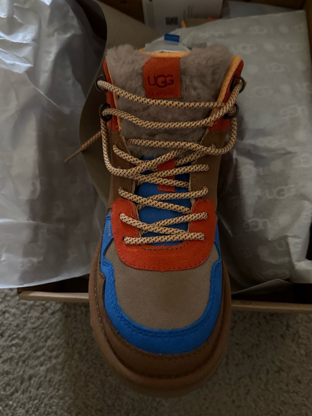 UGG kids Brown Suede Boots with Blue & Orange Accents - Picture 3 of 4